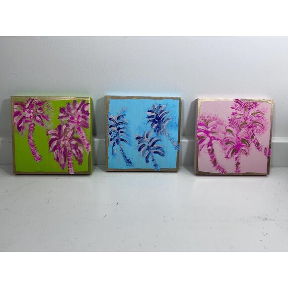 Lilly Inspired Palm Tree Art Decor Pink Green Hand Painted Wall Art 5x5 Wood - Picture 5 of 9
